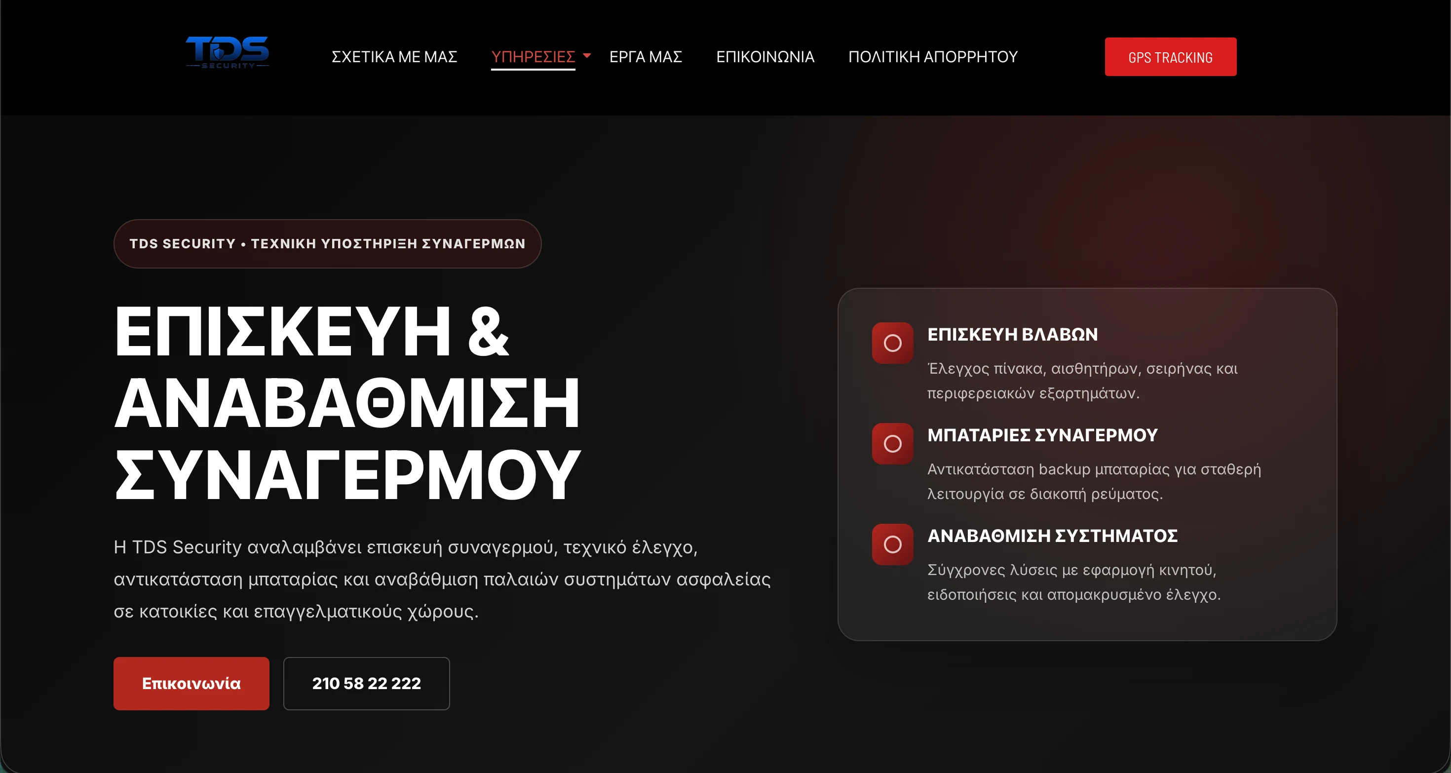 Screenshot από website της TDS Security με παρουσίαση υπηρεσιών ασφαλείας