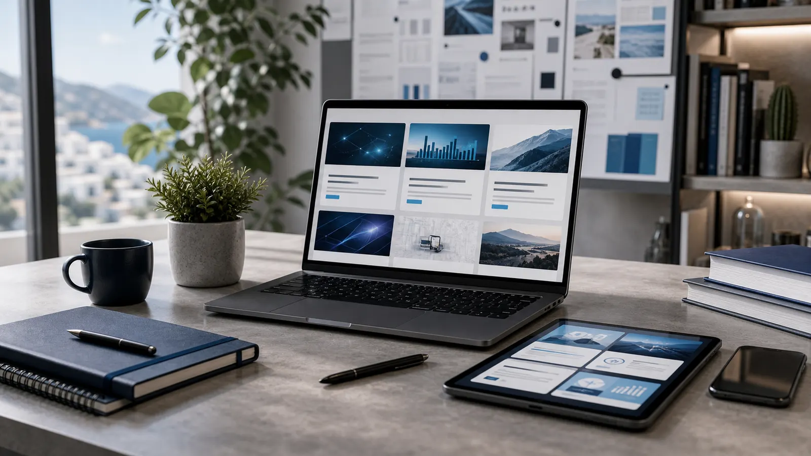 Αφηρημένο editorial workspace για άρθρα web design, SEO και AI discoverability