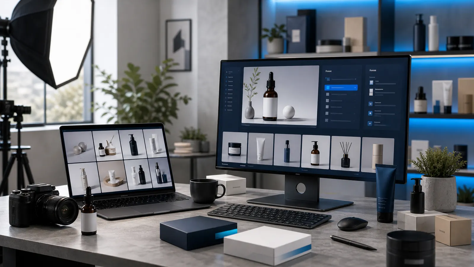 Αφηρημένο e-commerce workspace με product content και οπτική παρουσίαση